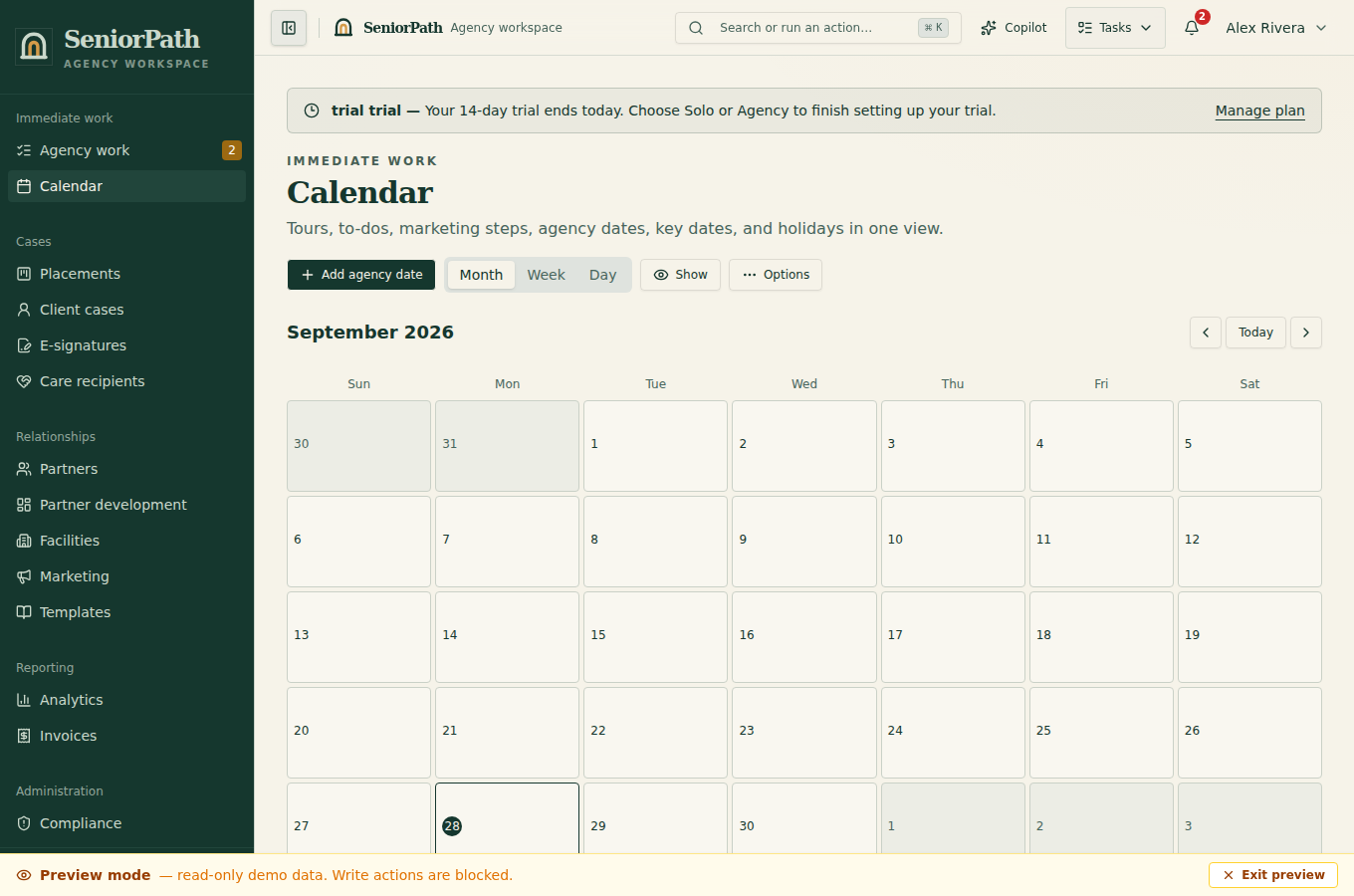 Synthetic preview of the SeniorPath calendar screen.