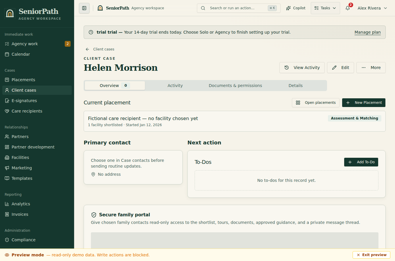 Synthetic preview of the SeniorPath client case and family portal entry screen.