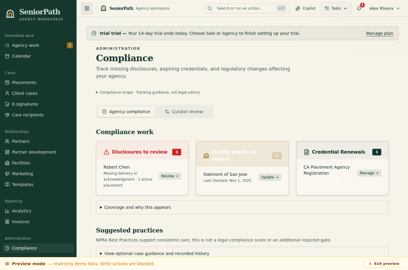 Synthetic preview of the SeniorPath regulatory watchtower screen.