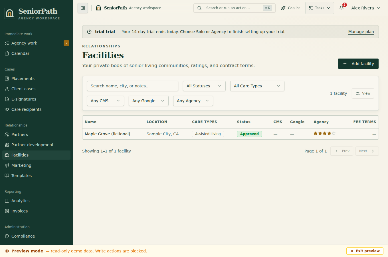 Synthetic preview of the SeniorPath community directory screen.