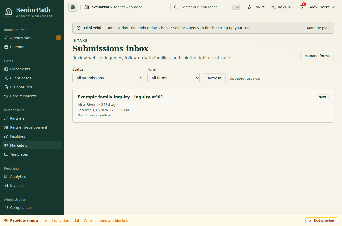 Synthetic preview of the SeniorPath inquiry submissions screen.