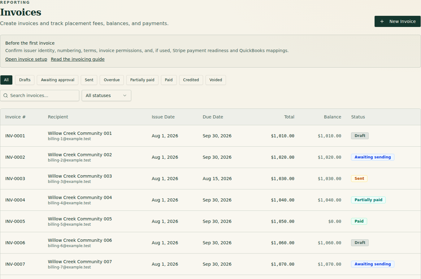 Synthetic preview of the SeniorPath invoice directory screen.