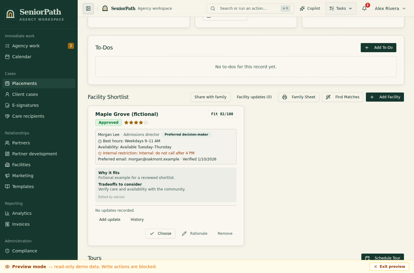 Synthetic preview of the SeniorPath placement shortlist and matching screen.
