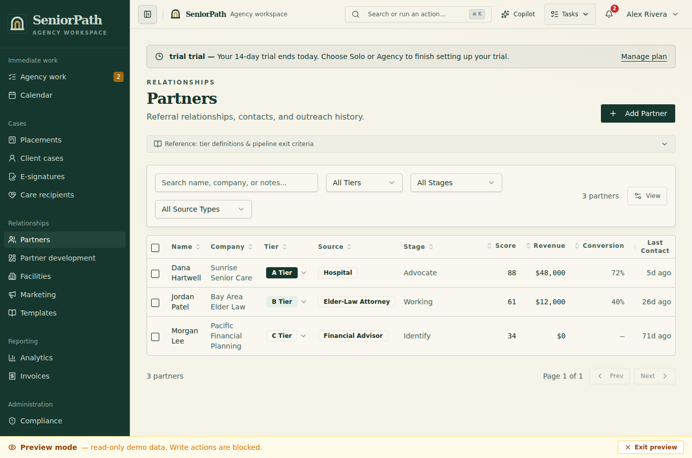 Synthetic preview of the SeniorPath partner directory screen.