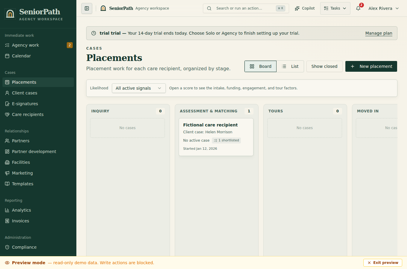 Synthetic preview of the SeniorPath placement workspace screen.