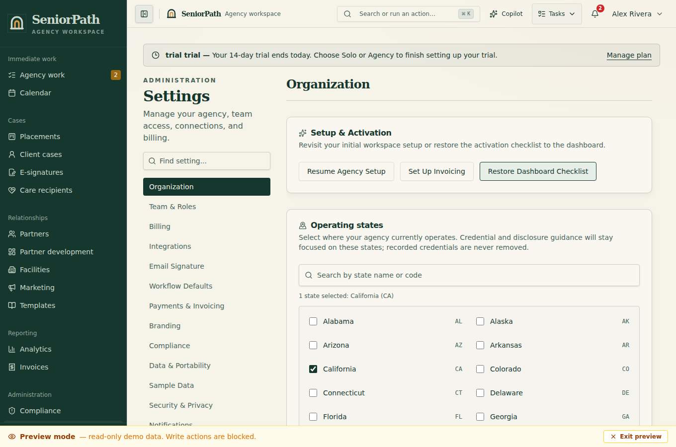 Synthetic preview of the SeniorPath workspace settings screen.