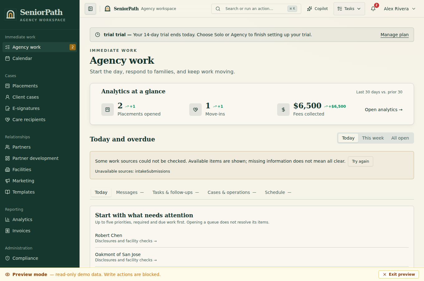 Synthetic preview of the SeniorPath work queue screen.
